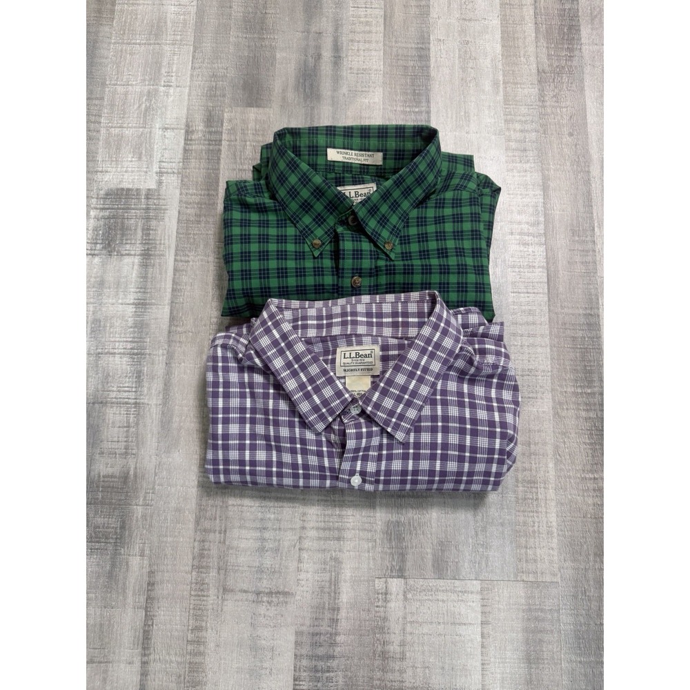 Lot of 2 LL Bean Plaid Mens L Long Sleeve Shirts Traditional Fit Wrinkle Free
